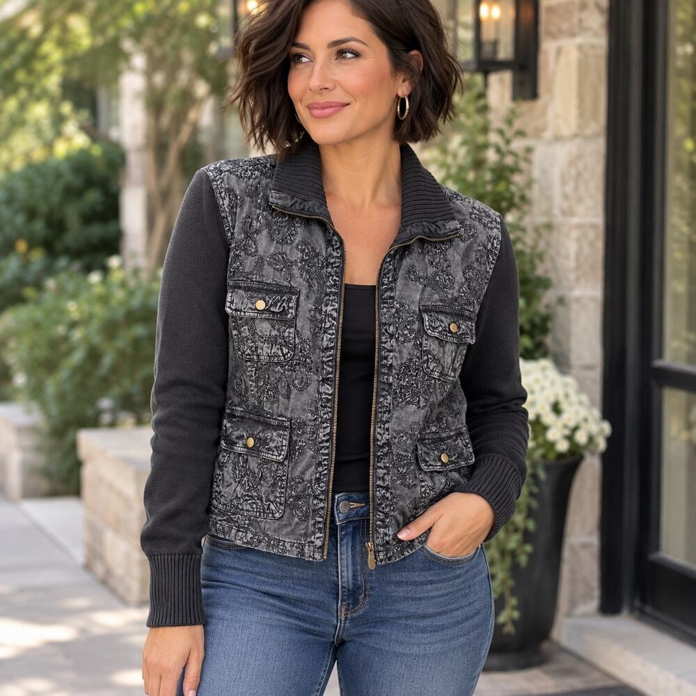 Chico’s Size 2 Embroidered Utility Jacket Black Gray Knit Sleeve Zip Front